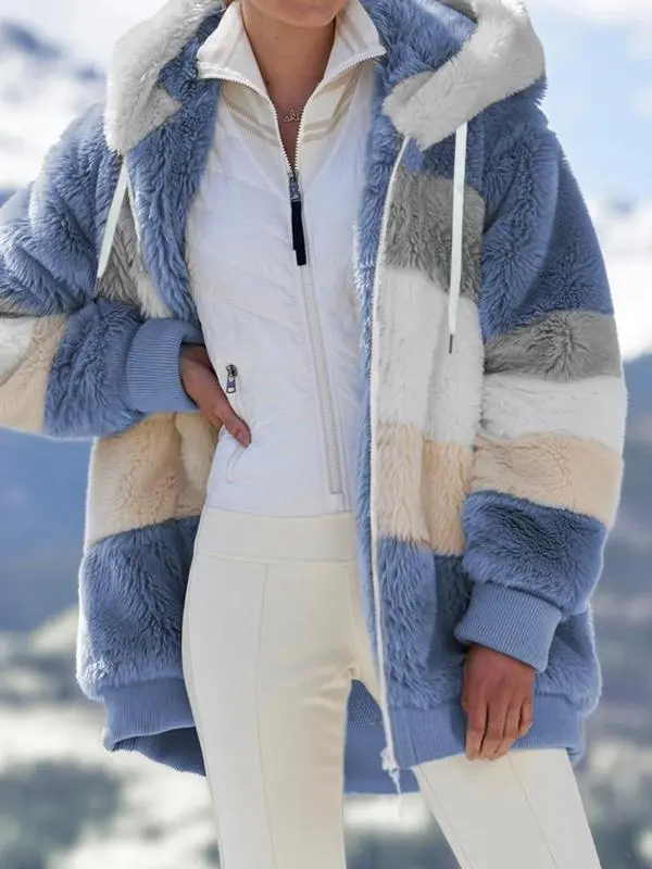 Women's Colorblock Drop Shoulder Hooded Polar Fleece Coat