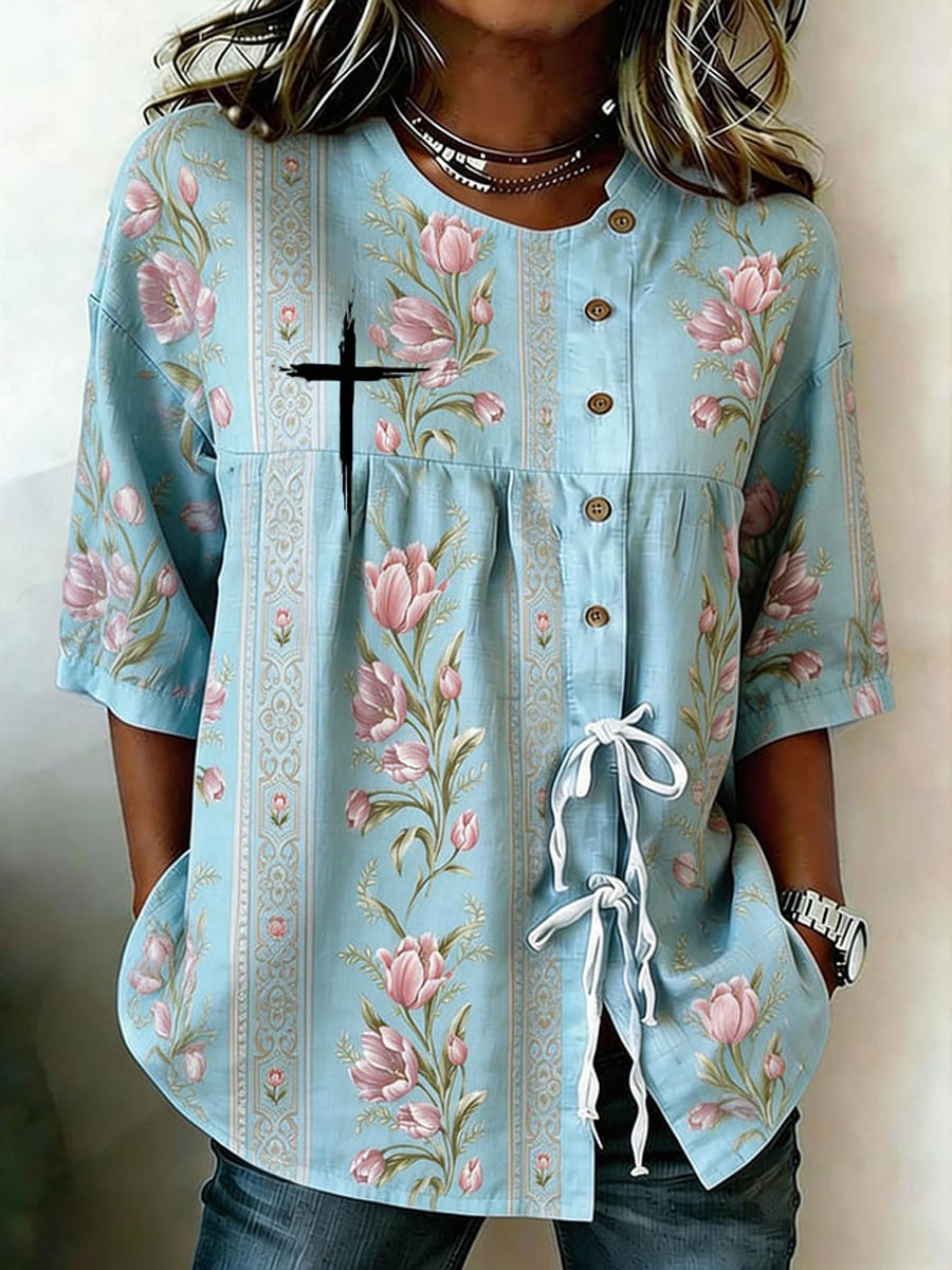 Women'S Casual Print Cotton Linen Top