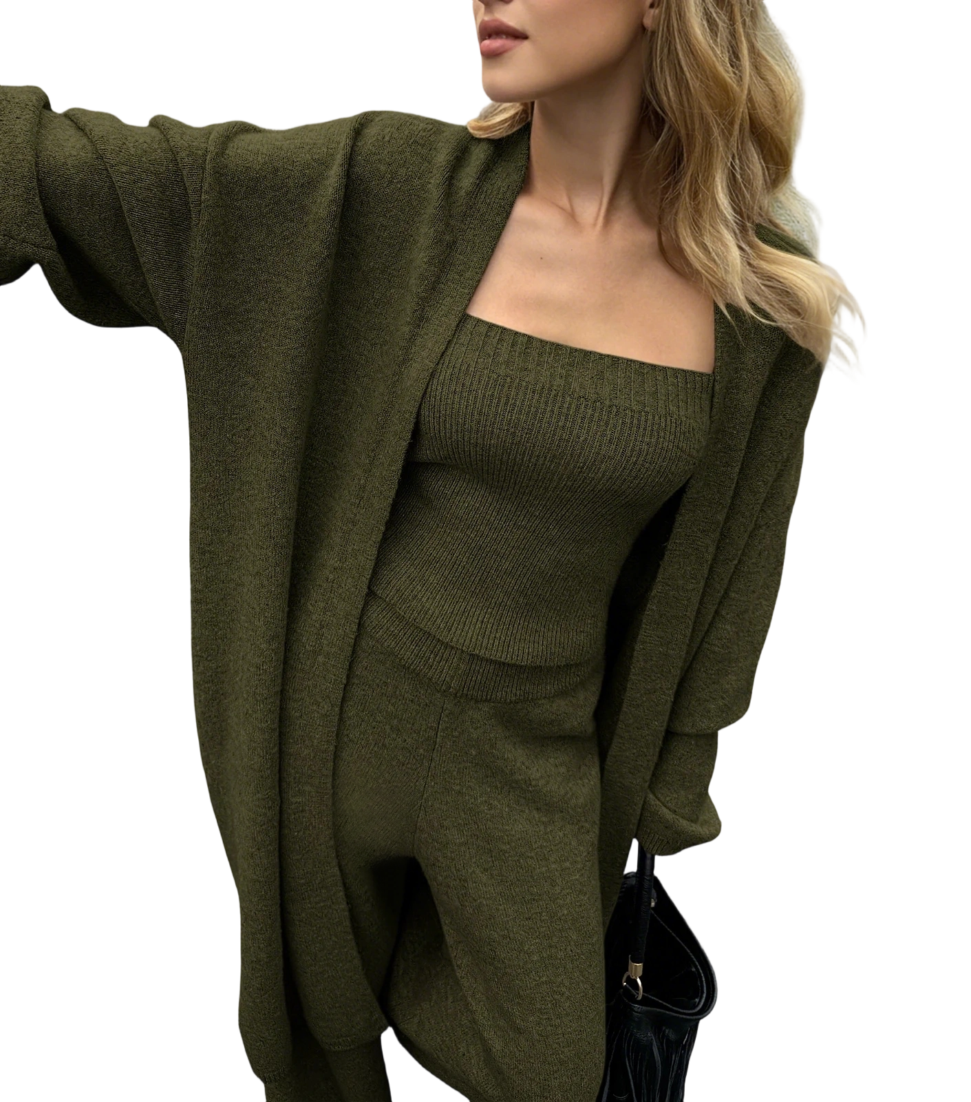 Three-Piece Knit Bustier Cardigan Pants Set