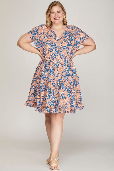 Sky Full Size Ruffled Hem Printed Surplice Kimono Sleeve Mini Dress Plus Size