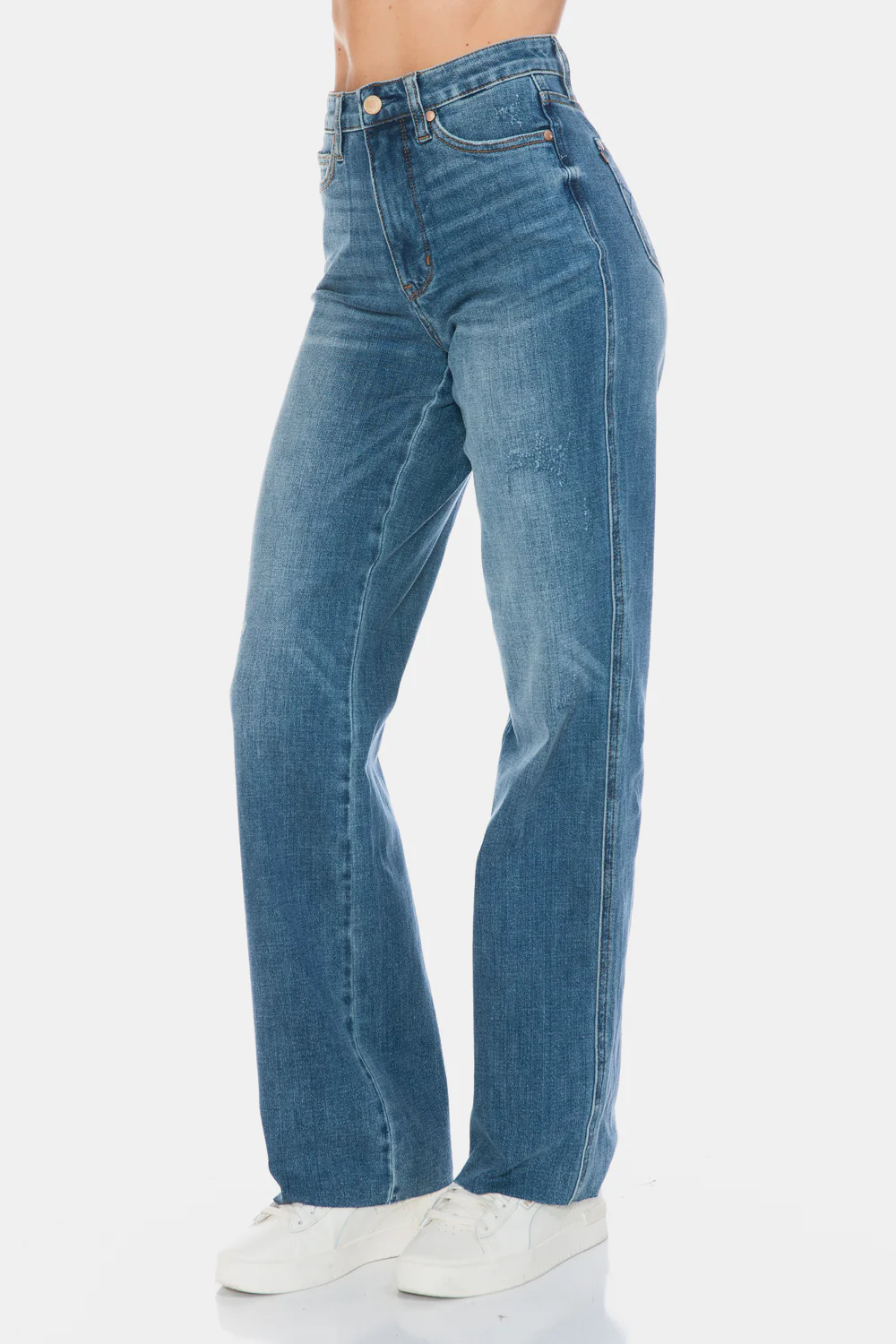 Blue Full Size Tummy Control Cut Raw Hem Straight Jeans