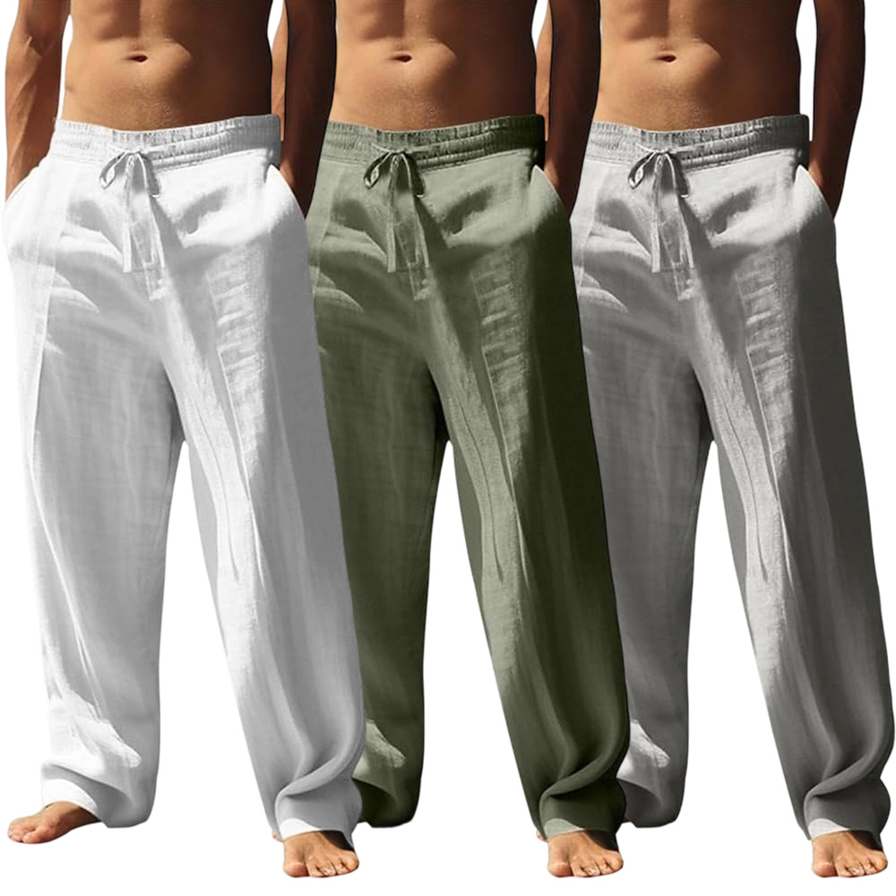 Men’s casual long pants with a loose drawstring waist; lightweight polyester fabric; classic straight leg design; breathable and comfortable; suitable for everyday wear, outdoor travel, vacations, and weekend leisure.