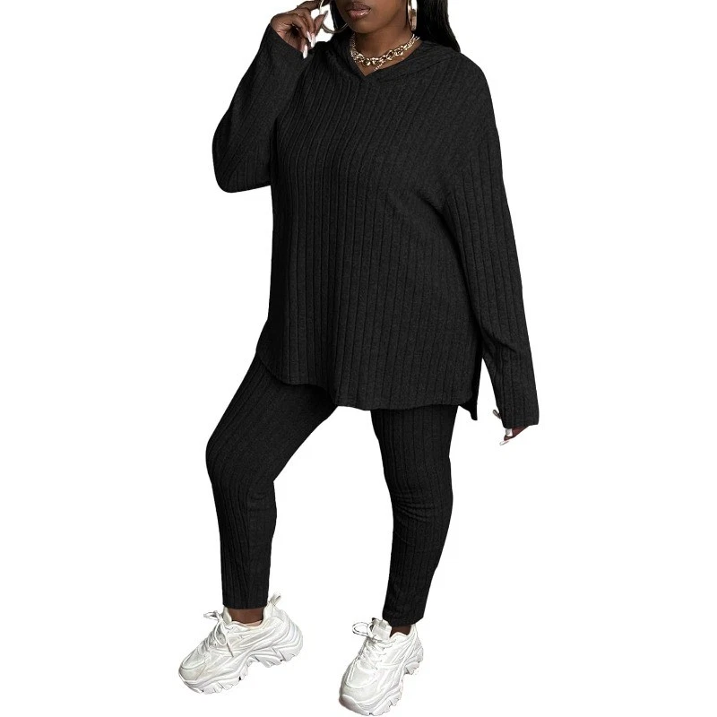 [Plus Size]Women's Two-Piece Set Solid Textured Ribbed Drop Shoulder Hoodie & Elastic Waist Pants, Casual Fashion Cozy Ribbed Outfits