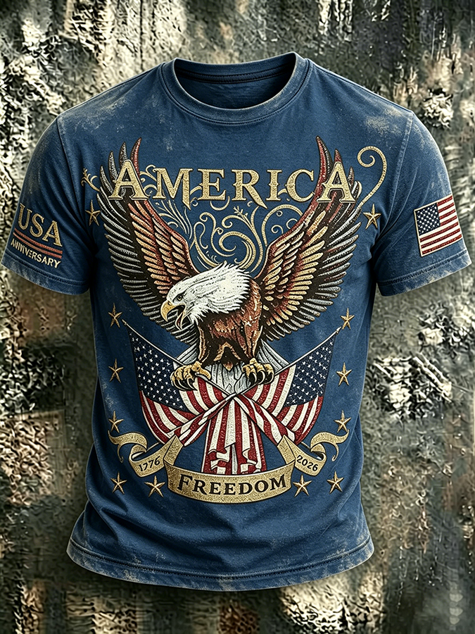 250Th Anniversary Eagle Printed Washed Round Neck T-Shirt From The United States