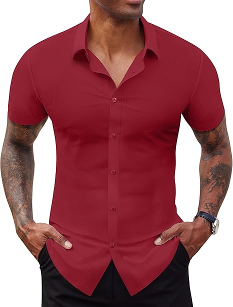 Stretch Dress Shirts for Men Short Sleeve Slim Fit