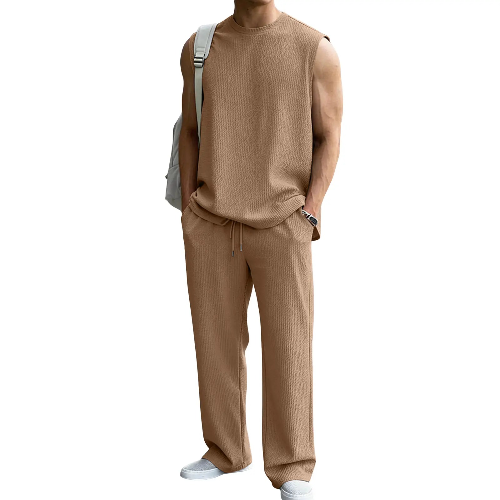 Men's Rib Knit 2 Piece Outfit Sleeveless Tank Top & Baggy Wide Leg Pants