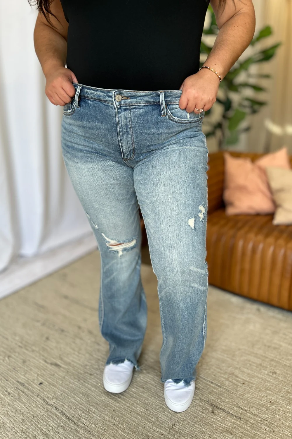 Blue Full Size Medium Rise Tummy Control Destroy Flare