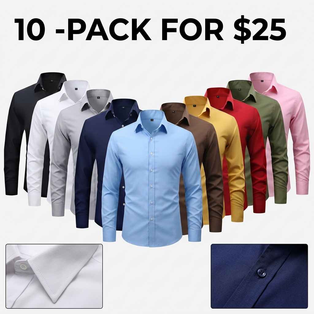 Men’s Classic Lapel Long Sleeve Shirt – 10 Pack