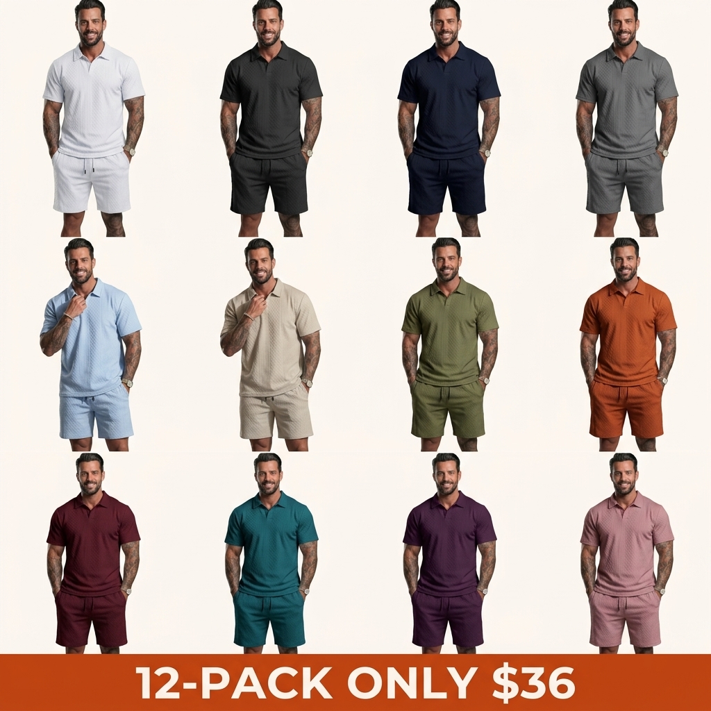 Men's Solid-Color Polo Shirt and Drawstring Shorts Set