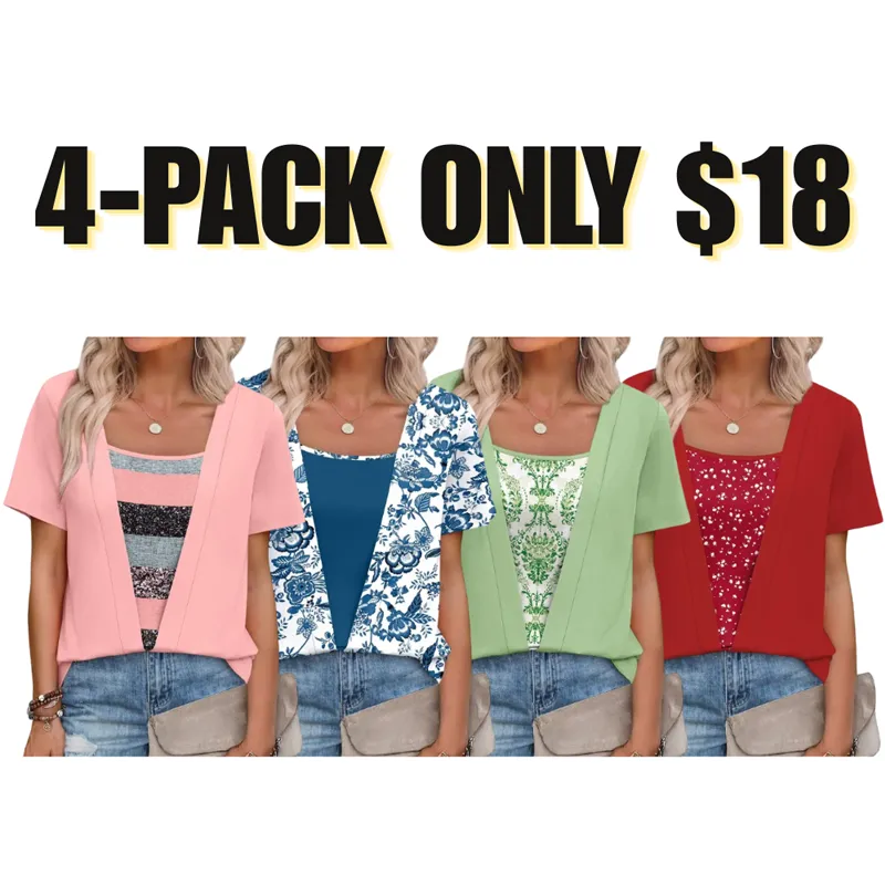 🔥8-PACK $24 - Women's 2-in-1 Short Sleeve Summer Casual Blouse