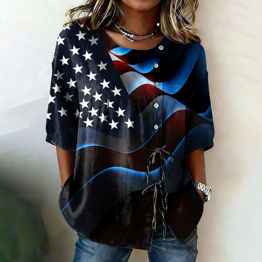 Women'S American Flag Printed Cotton And Linen Casual Top