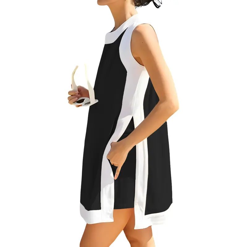 Women's Casual Two Piece Sets Color Block Crewneck Sleeveless Pullover Tops Matching Shorts With Pockets