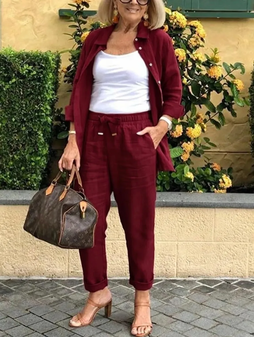 Solid Cotton Linen Women Suits  Casual