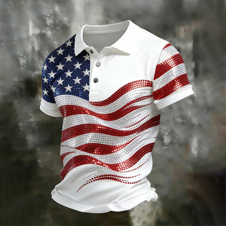 Men'S Casual American Flag Brick Inlaid Personalized Printed Short Sleeved Polo Shirt