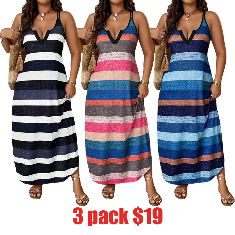 Plus Size Women's Rainbow Striped V-Neck Thin Strap Long Dress