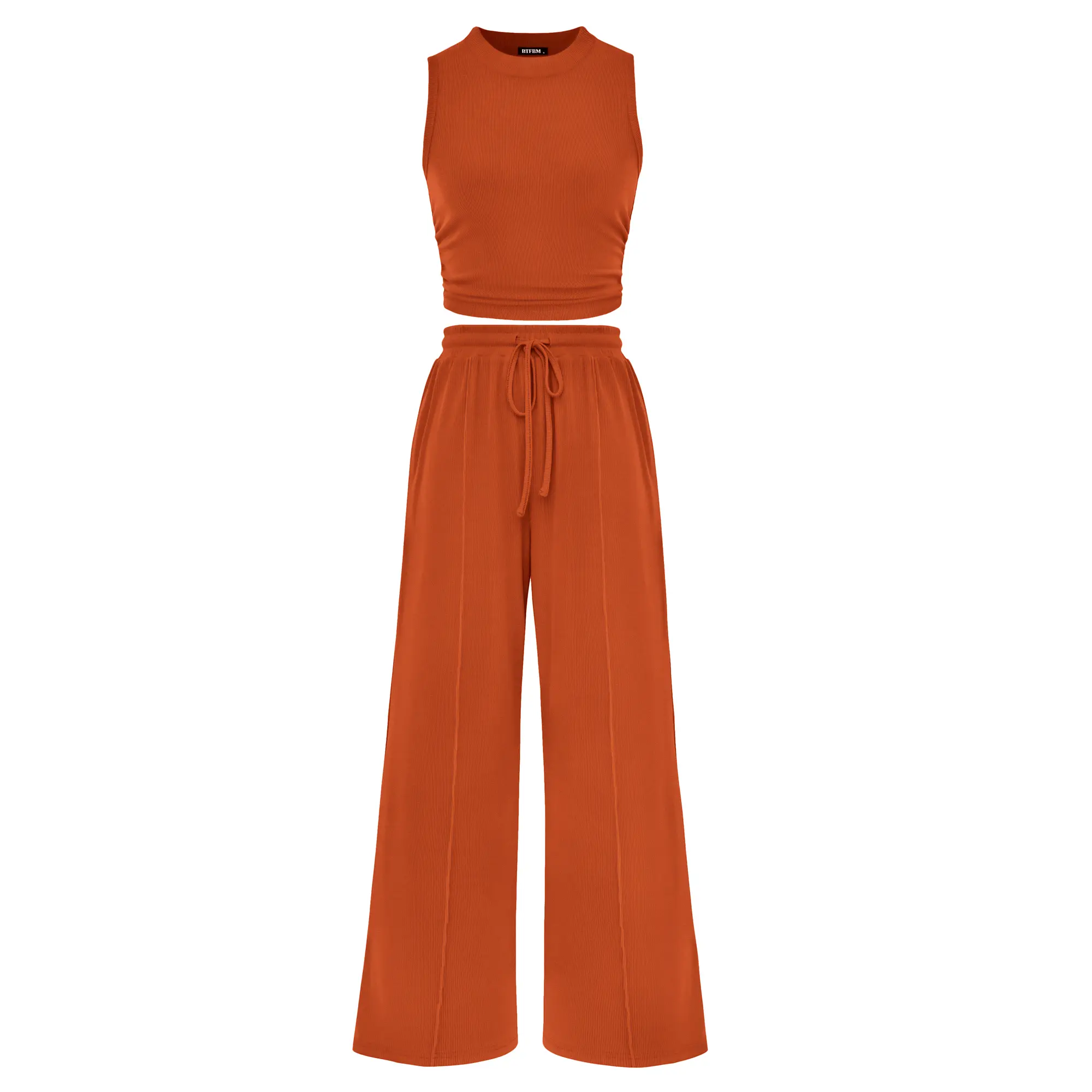 Women's Ribbed Knit Crop Top & Wide Leg Pants Lounge Set