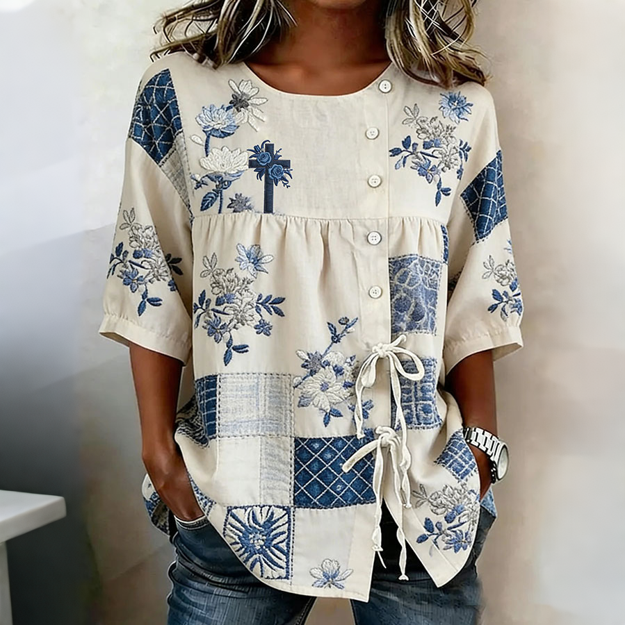 Women'S Faith Flower Art Printed Cotton Linen Casual Shirt