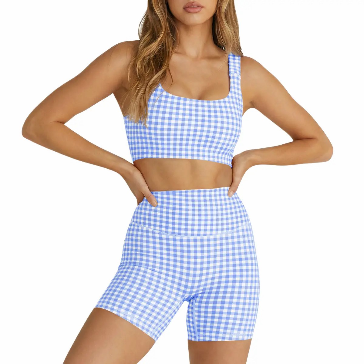 Women's 2-Piece Athleisure Set – Padded Open Back Gingham Crop Tank & High Waisted Seamless Shorts