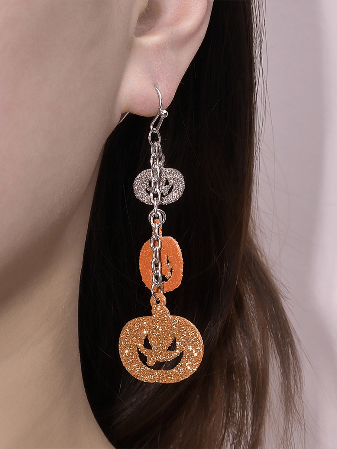 Halloween Cartoon Funny Glitter Pumpkin Chain Splicing Tassel Earrings