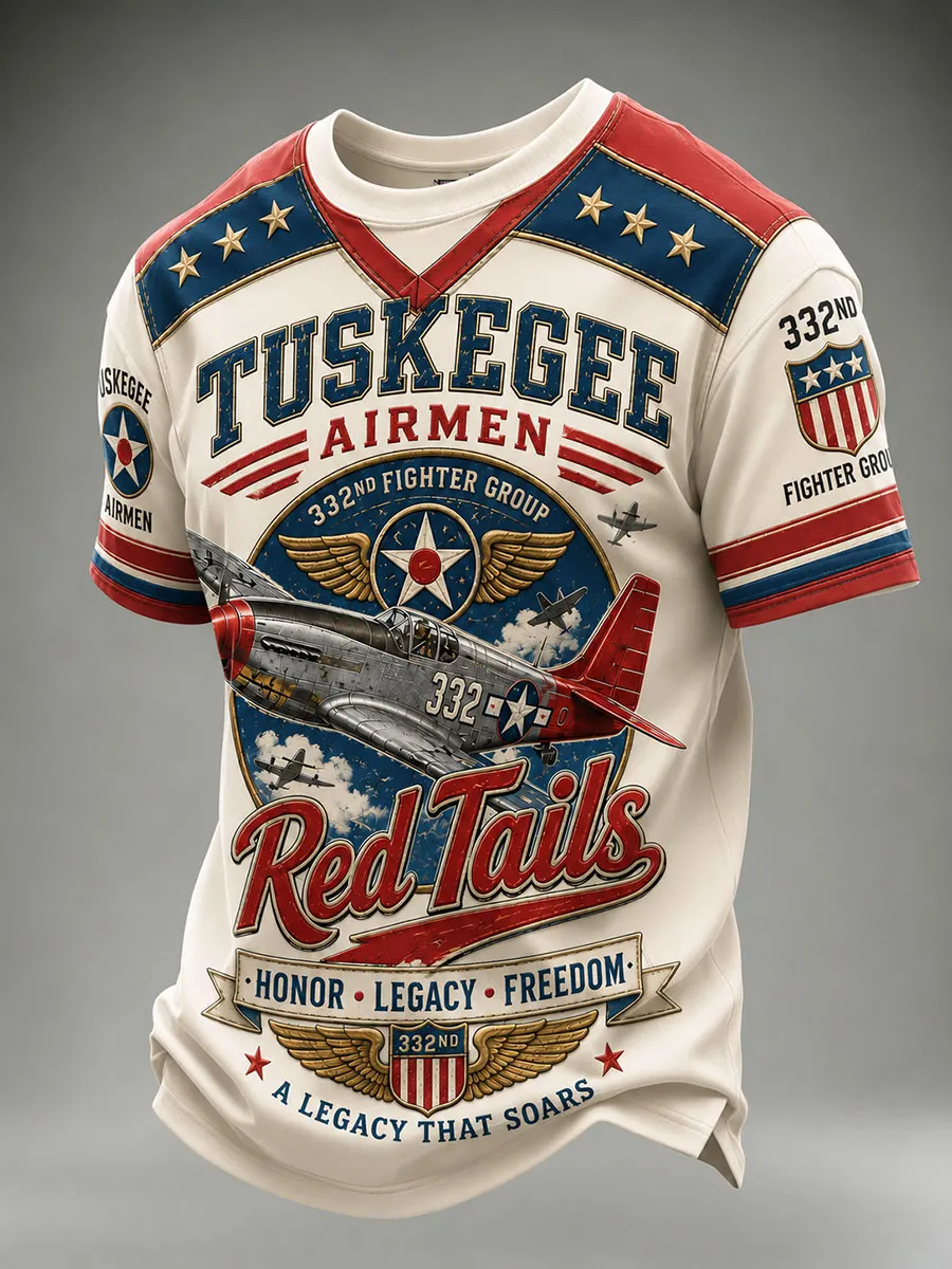 Tuskegee Airmen Red Tails Men’s Vintage Fighter Plane Graphic T-Shirt