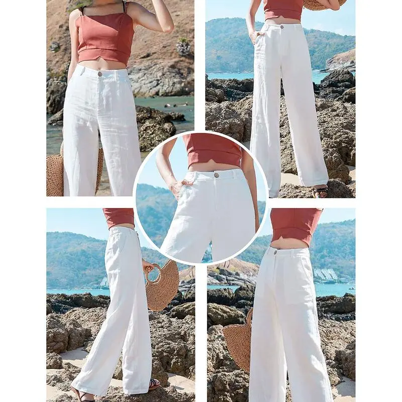 Womens Cotton Linen Pants Casual Button Up High Waisted Wide Leg Trousers Wideleg Loose Womenswear Apricot