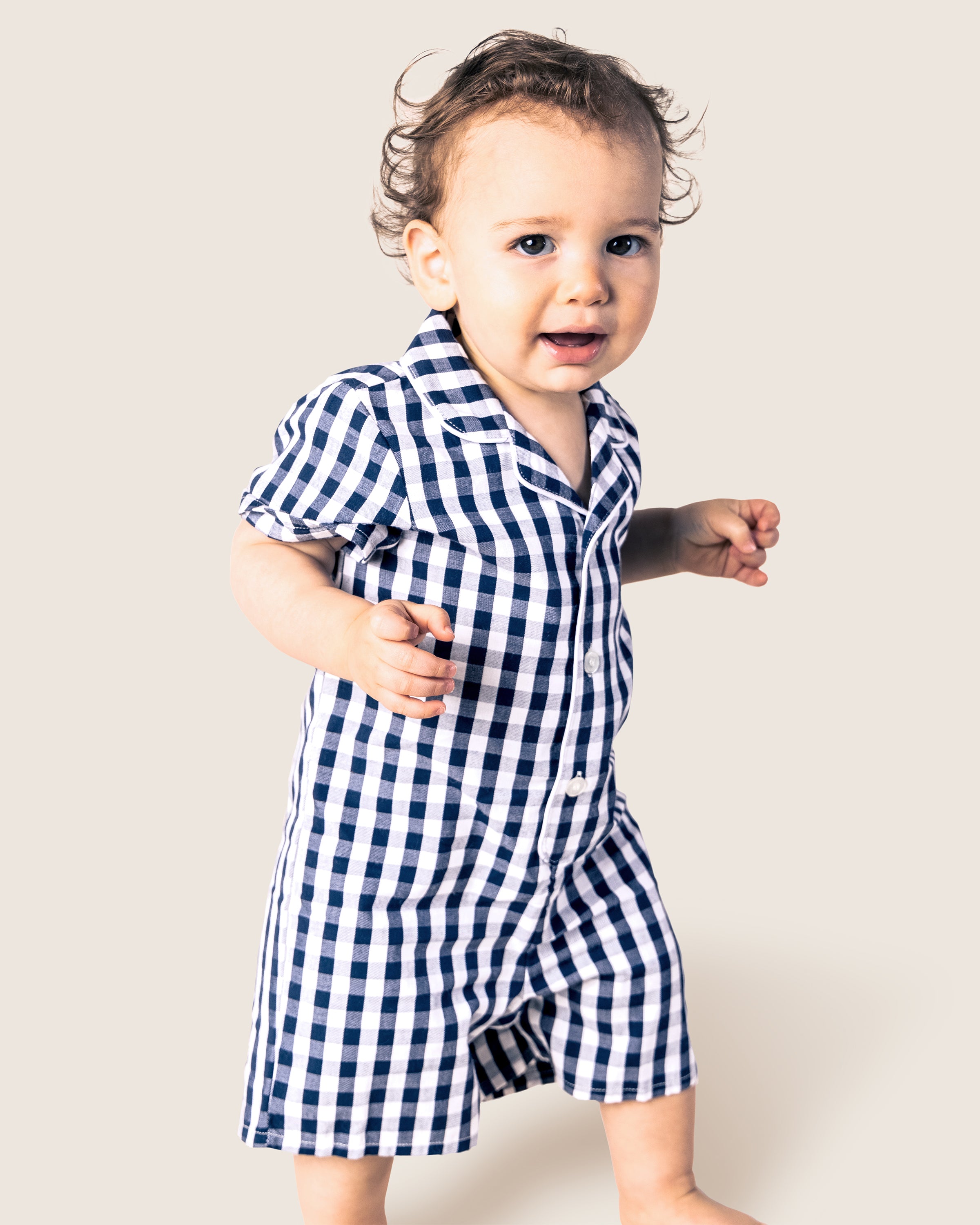 Baby's Twill Summer Romper in Navy Gingham