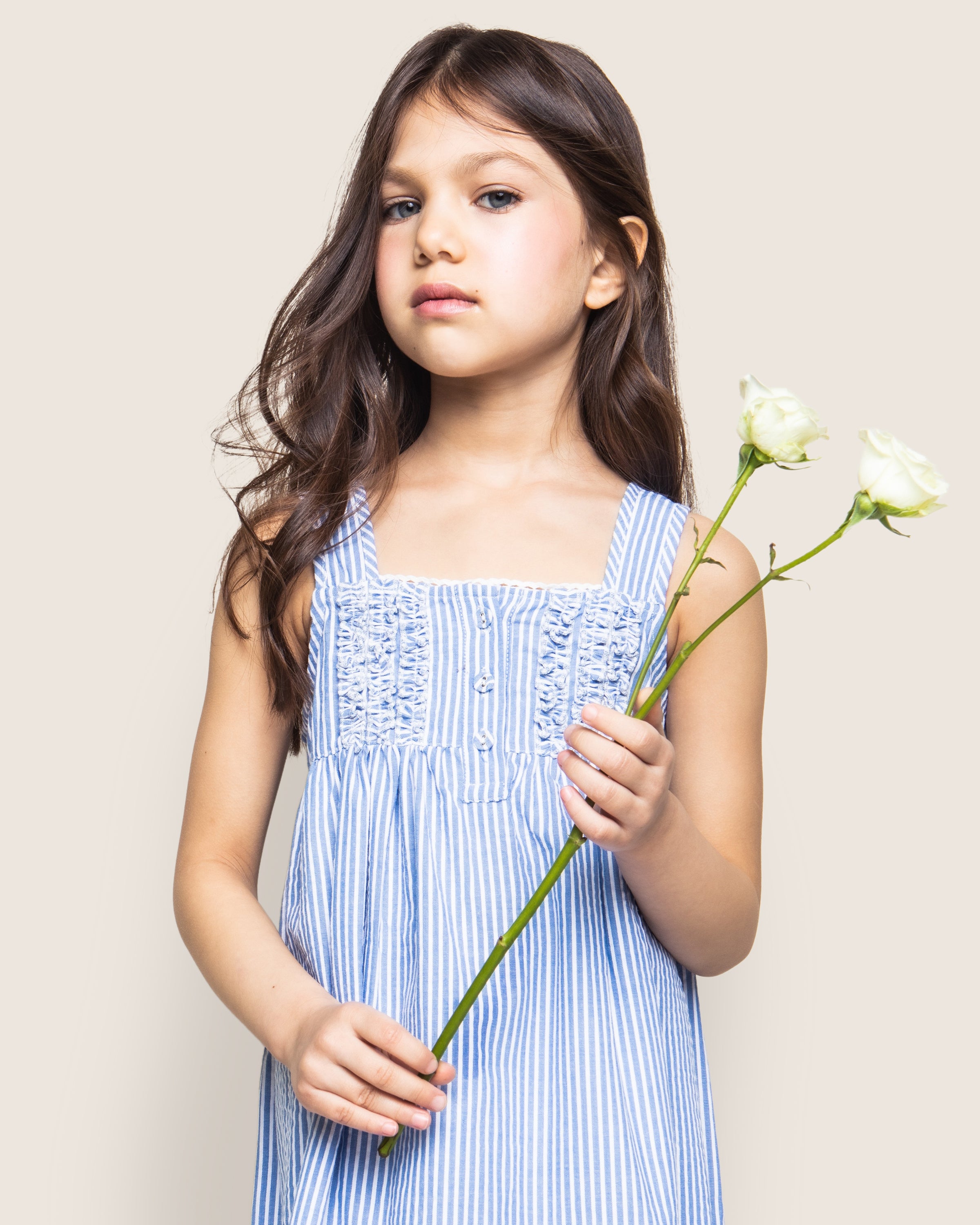 Girl's Twill Charlotte Nightgown in French Blue Heritage Stripe