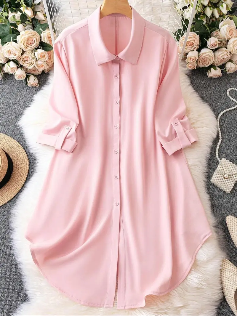 Women's Plus-Size Long Sleeve Button-Up Blouse – Elegant Collared Top for Spring & Fall Daily Wear