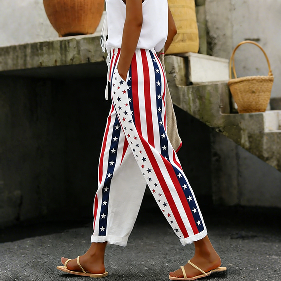 Women's Cotton Linen Patriotic Print Casual Cropped Trousers