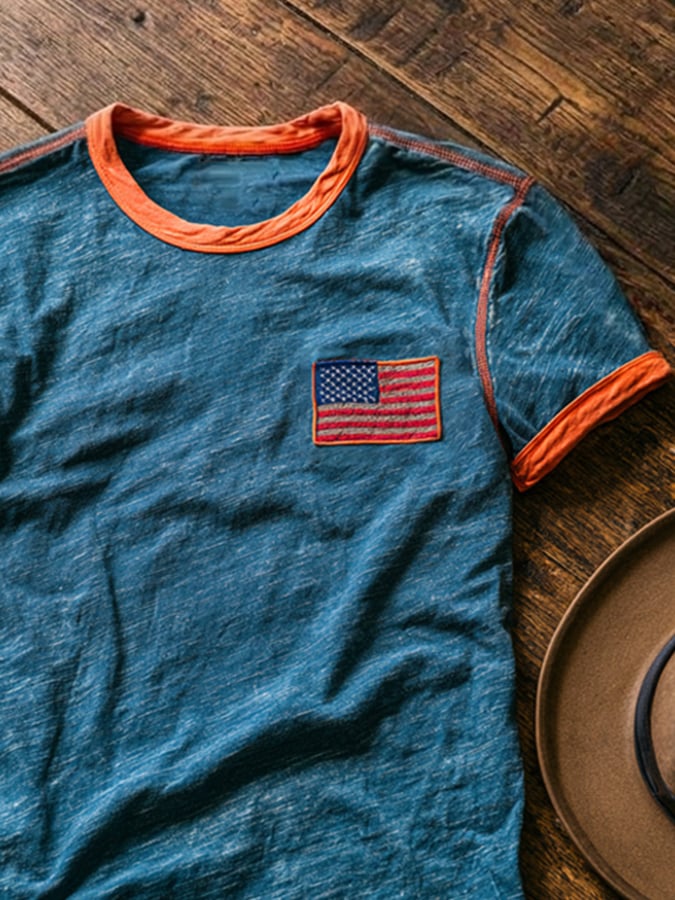 Men's Retro Patriotic Color-Block Crew Neck Short-Sleeve T-Shirt