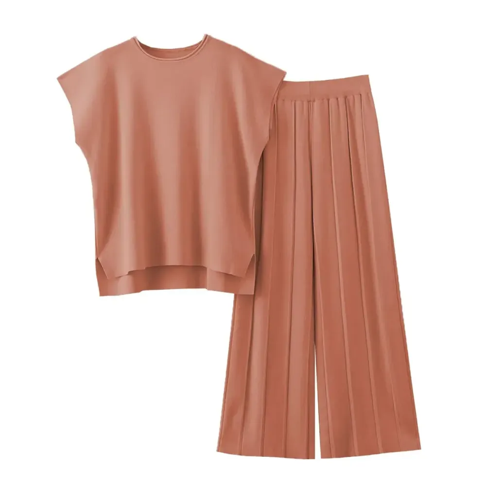 Lounge Sets for Women Two Piece Outfits Knit Cap Sleeve Tops Wide Leg Pleated Pants Casual Dressy Sweater Sets