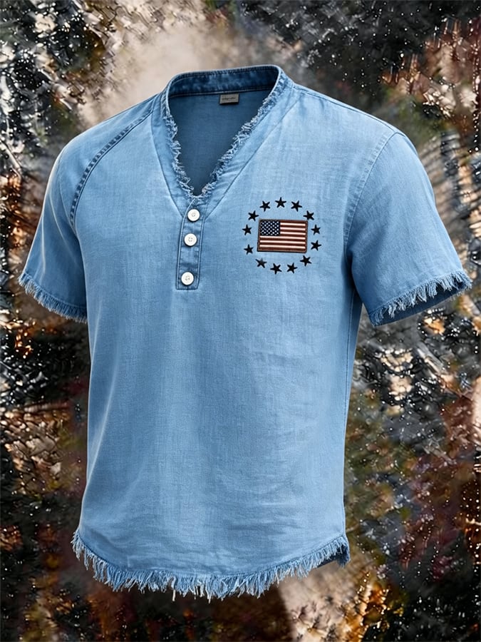 Men's Vintage Washed Denim Henley T-Shirt, Frayed Raw Edge American Flag Star Embroidered V-Neck Short Sleeve Casual Top