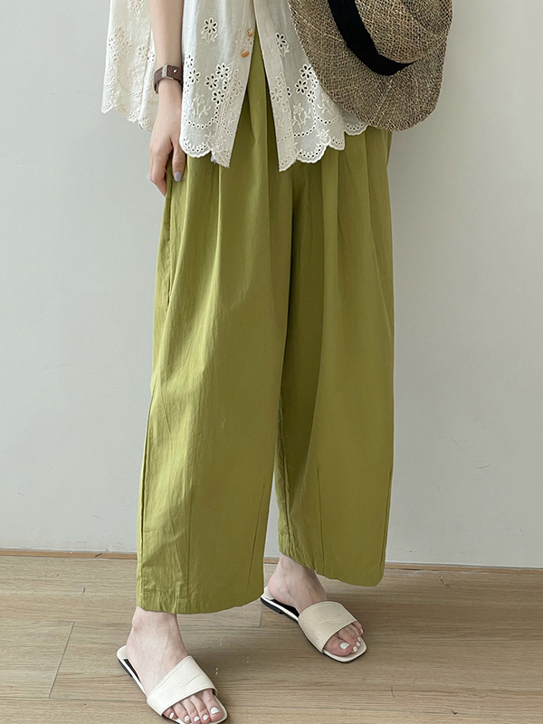 Elasticity Pleated Solid Color Split-Joint High Waisted Loose Trousers Pants