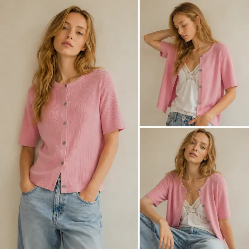 Women's Short-Sleeve Cardigan Sweater — Crew Neck, Soft Rib-Knit, Button-Front Top