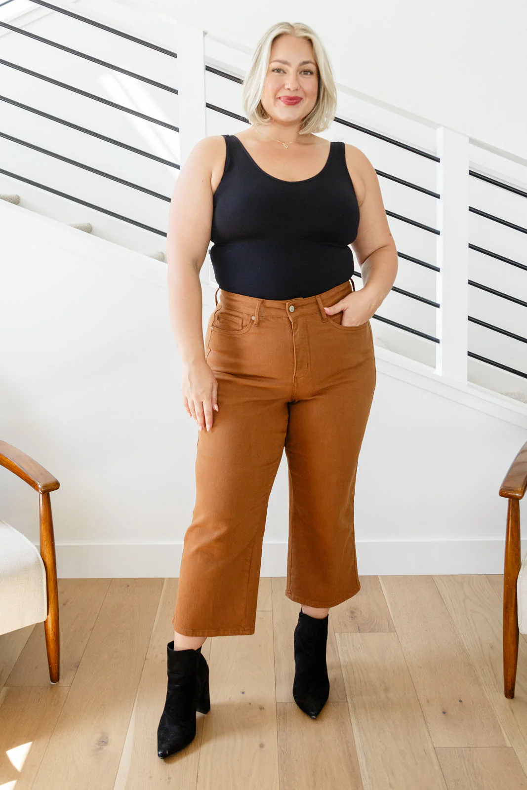 Blue Briar High Rise Control Top Wide Leg Crop Jeans in Camel
