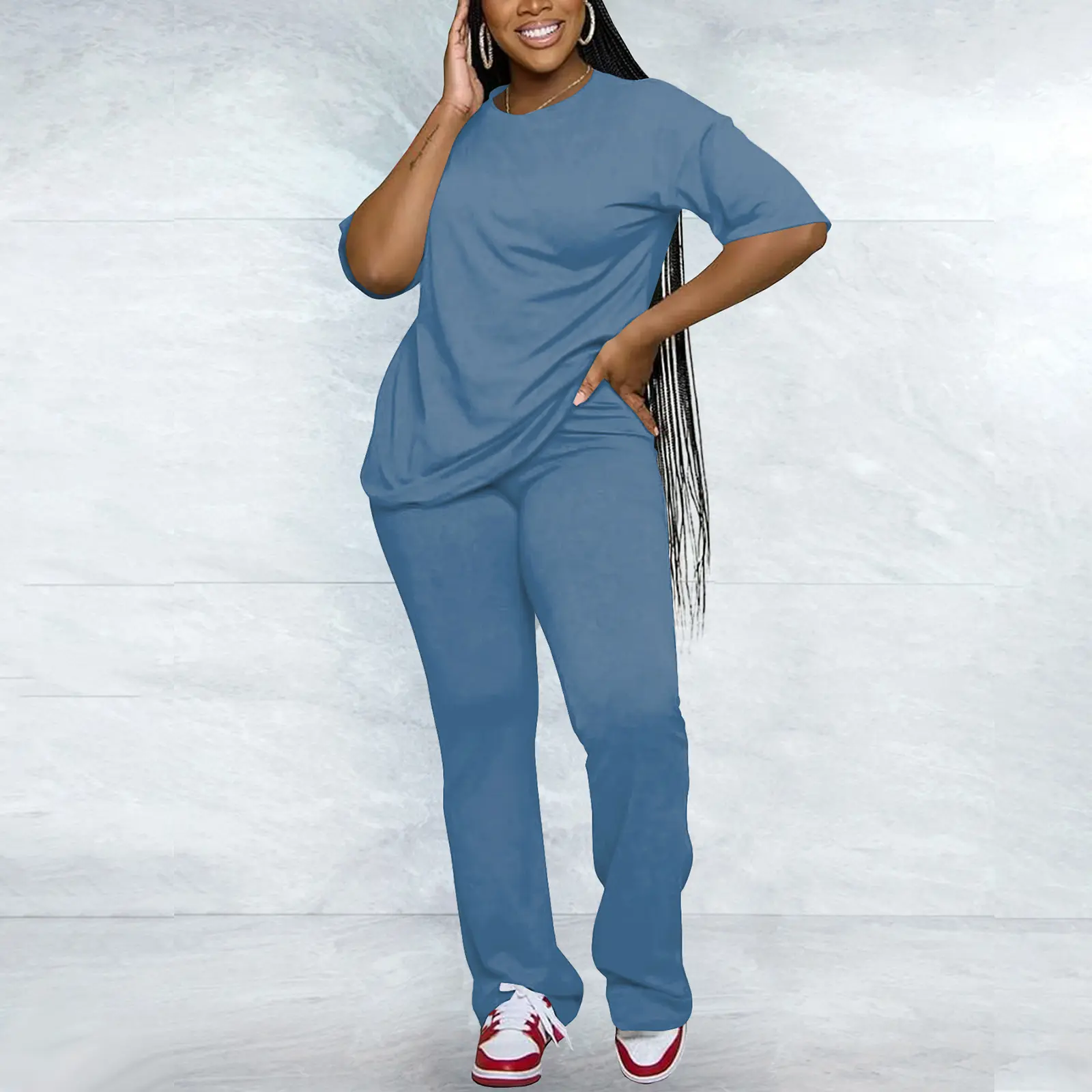 Women's Solid Drop Shoulder Tee & Pants Two-piece Set