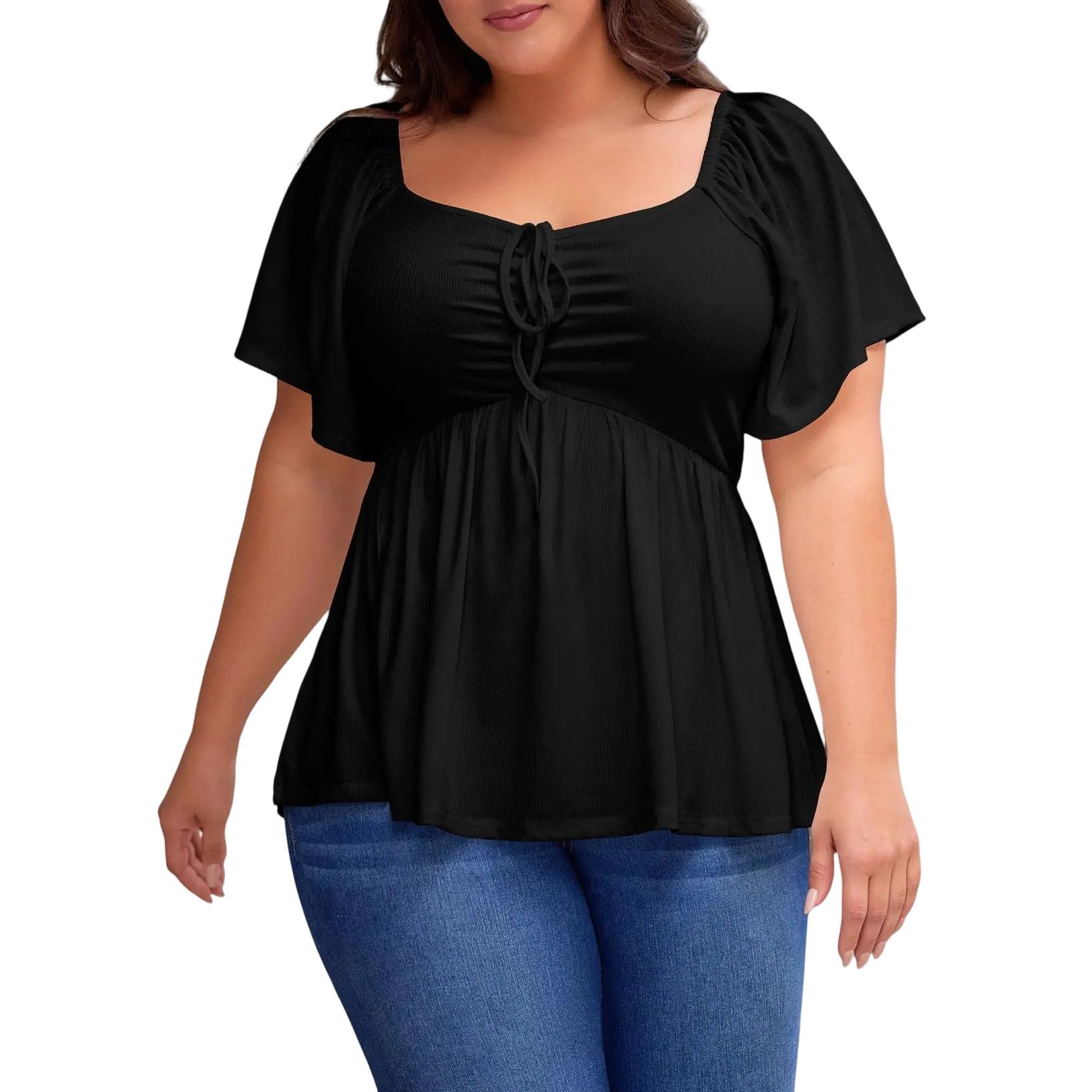 Women Plus Size Sweetheart Neck Short Sleeve Shirred Peplum Rib Blouse Tops Shirts