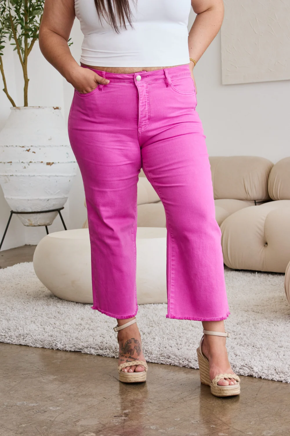 Crop Chloe Full Size Tummy Control High Waist Raw Hem Jeans