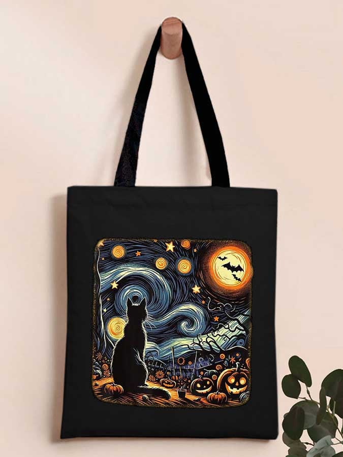 Retro Halloween Van Gogh Starry Night Cat Pumpkins Print Bag