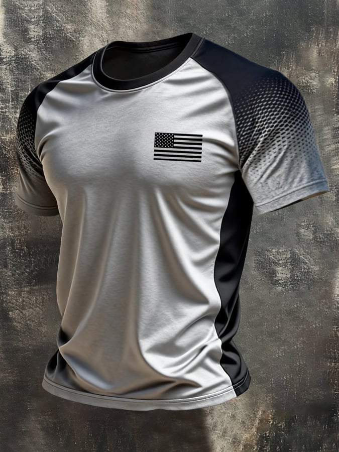 Men's Retro Color-Block Casual Crew-Neck Short-Sleeve T-Shirt