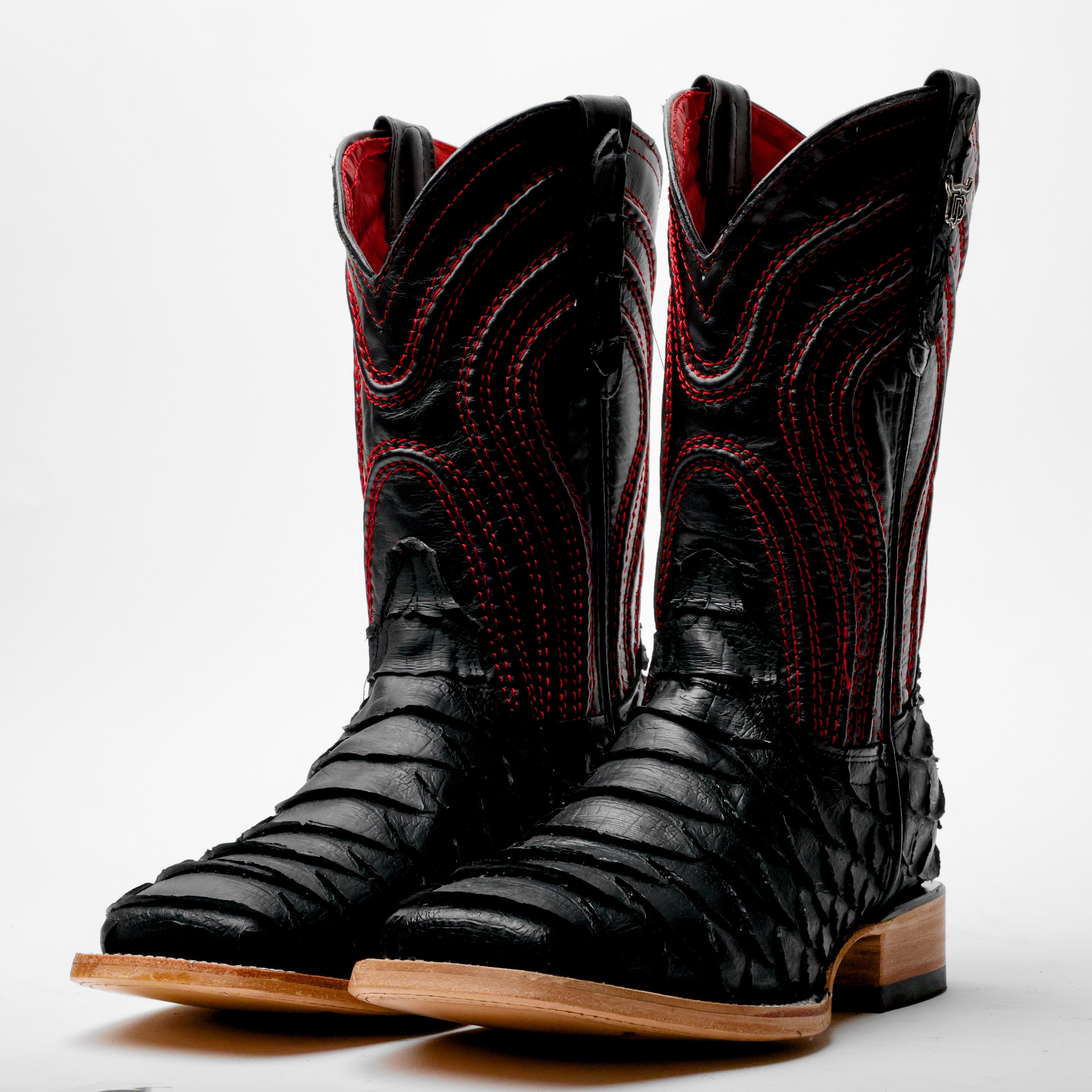 Matte Black Jumbo Python Leather Boots - Square Toe