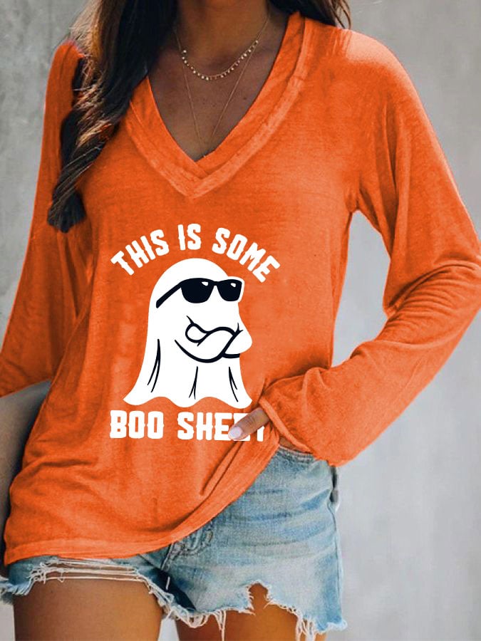 Women's Halloween This Is Some Boo Sheet Printed Casual Long Sleeve V-Neck T-Shirt