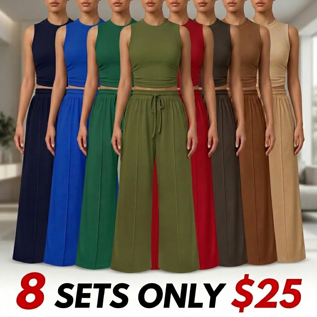 Women's Summer 2-Piece Outfits - Ribbed Knit Crew Neck Sleeveless Cropped Top & Wide Leg Pants Lounge Set