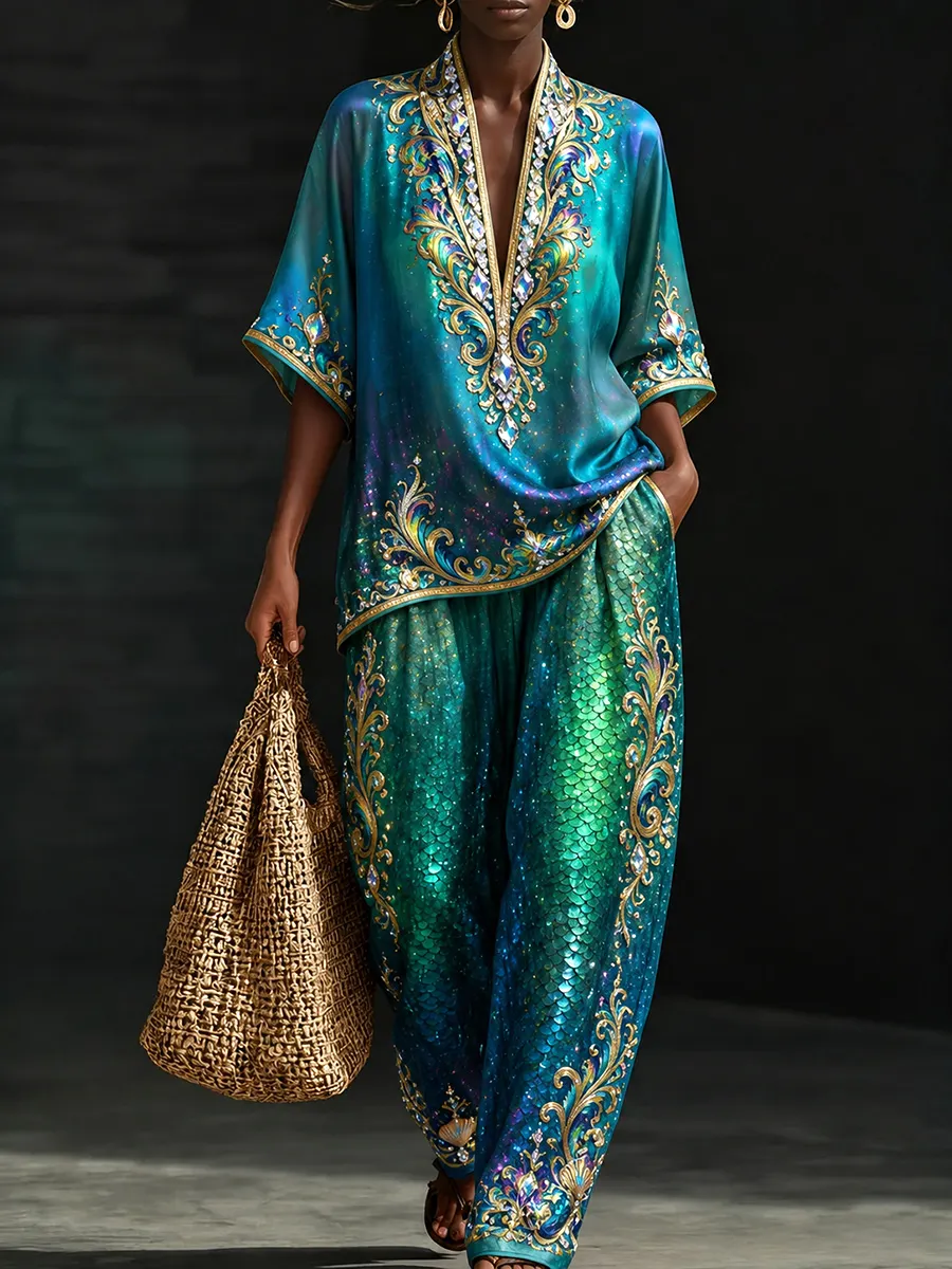 Turquoise Mermaid Sequin Two-Piece Set – Cosmic Fantasy Luxury Resort Wear with Gold Ornate Embroidery