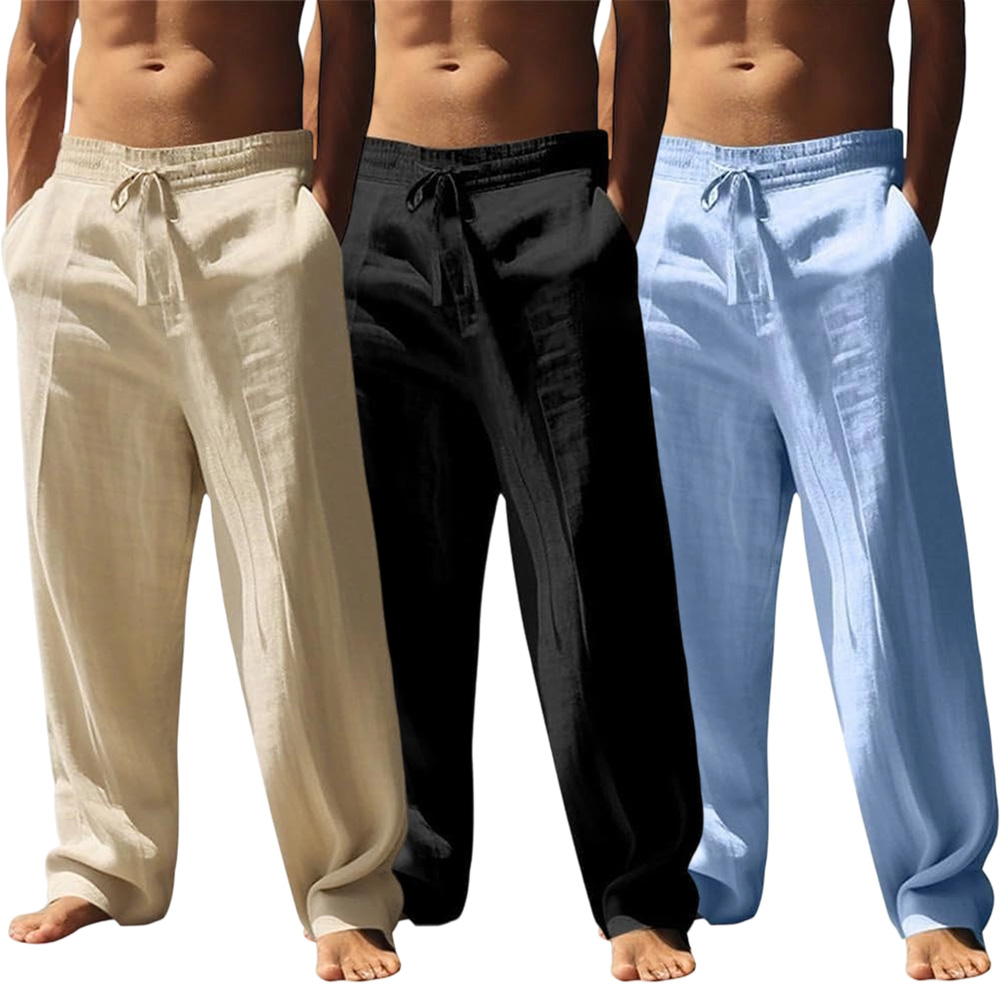 Men’s casual long pants with a loose drawstring waist; lightweight polyester fabric; classic straight leg design; breathable and comfortable; suitable for everyday wear, outdoor travel, vacations, and weekend leisure.