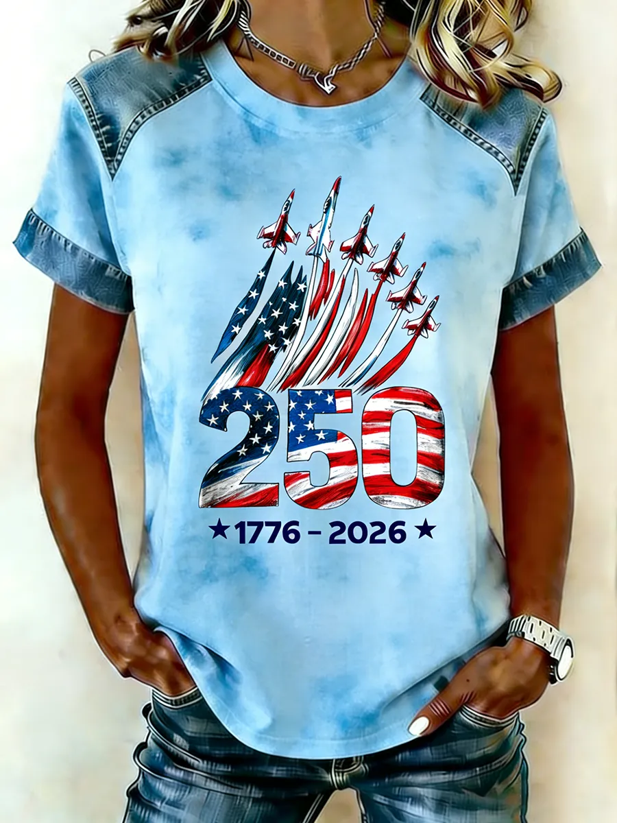 Patriotic USA Flyover 250 Years Denim Raglan Short Sleeve Tee