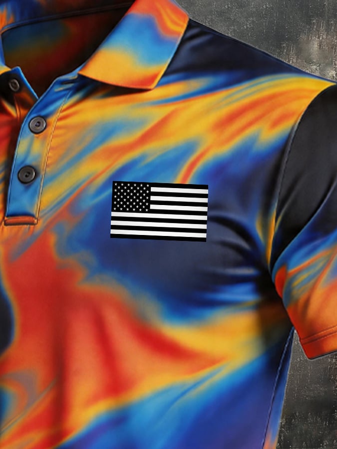 Men's Retro Patriotic Color-Block Short-Sleeve Polo Shirt