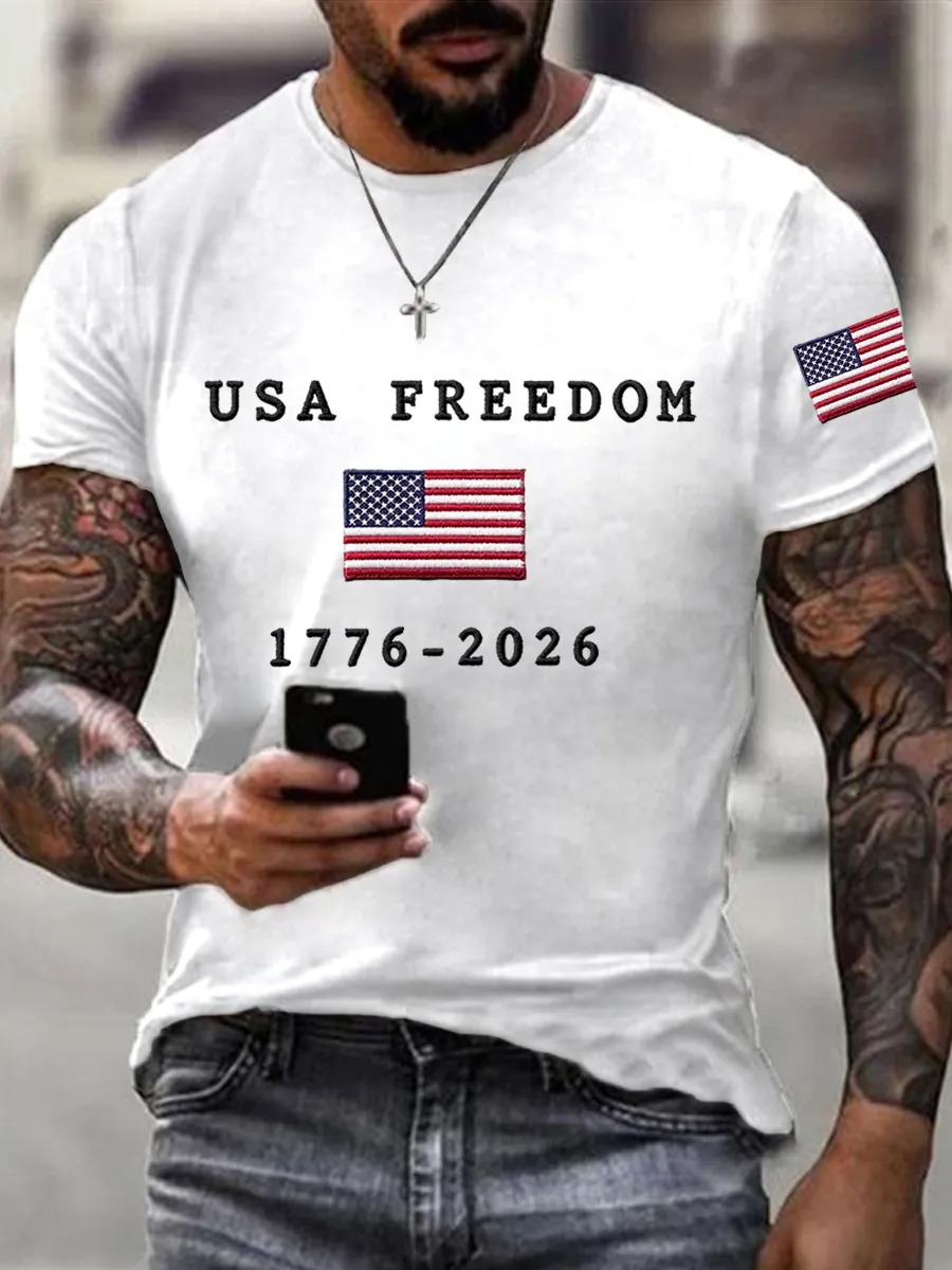 Men's American Free American Flag Printed Casual Independence Day Patriotic T-shirt