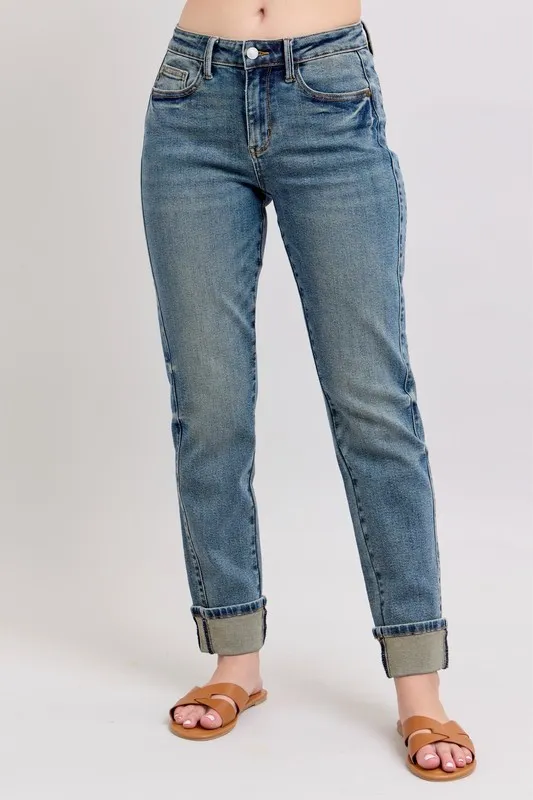 Blue Full Size Mid Rise Vintage Wash Double Roll Cuff Boyfriend Jeans Plus Size
