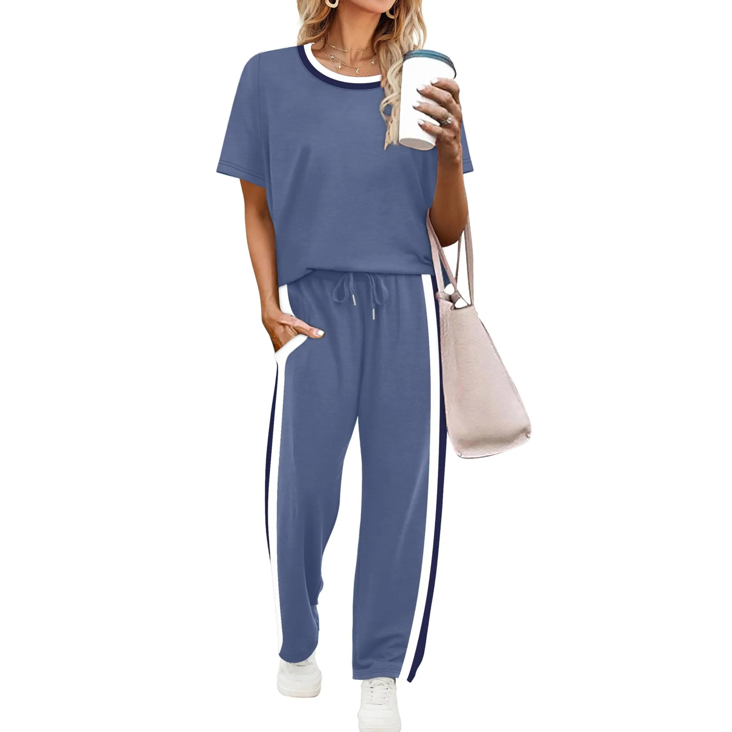 2 Piece Lounge Sets for Women Matching Set Summer Outfits Short Sleeve Tops Wide Leg Pants with Pockets